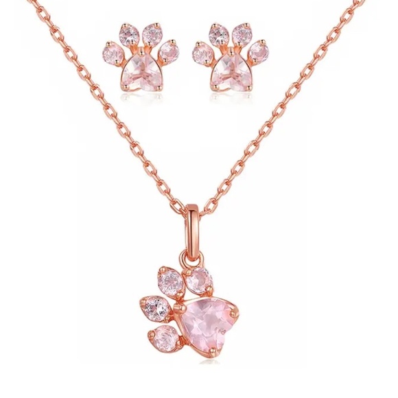 🆕 New Gold Plated Rose Gold Quartz Heart 🩷shaped Paw 🐾 Necklace & Earring set - Picture 1 of 10